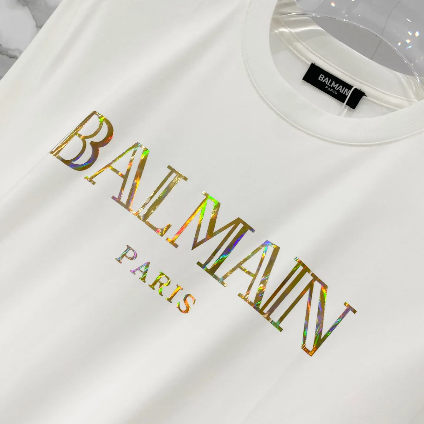 BALMAIN/Balmain - mercerized cotton gram T-shirt for men and women, bronzing brand letters on the front, colorful printed LOGO, pure quality, original fabric 100% cotton, Versatile fashion, light luxury trend, tag, collar label, wash, three labels complete Size: S-2XL Color: Black.White.Royal Blue.